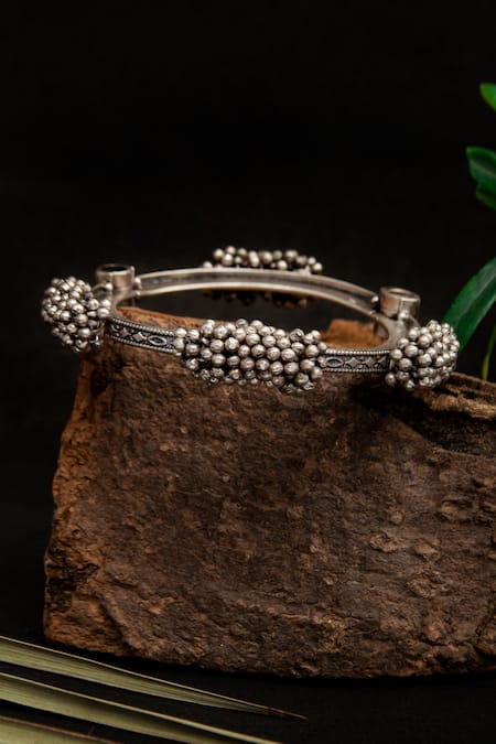 Neeta Boochra_Silver Plated Gota Patti Tribal Ghungroo Rhapsody Statement Bangle _at_Aza_Fashions