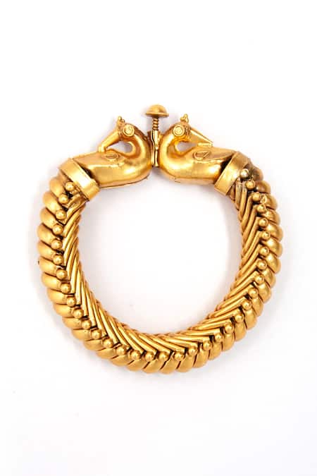 Shop_Neeta Boochra_Gold Plated Peacock Splendor Sutlada Bangle _Online_at_Aza_Fashions