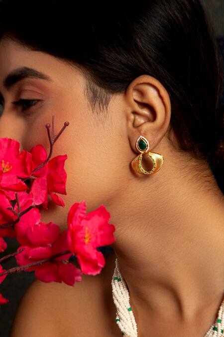 Neeta Boochra_Green Crystals, Stones Verdant Fortune Horseshoe Earrings _Online_at_Aza_Fashions