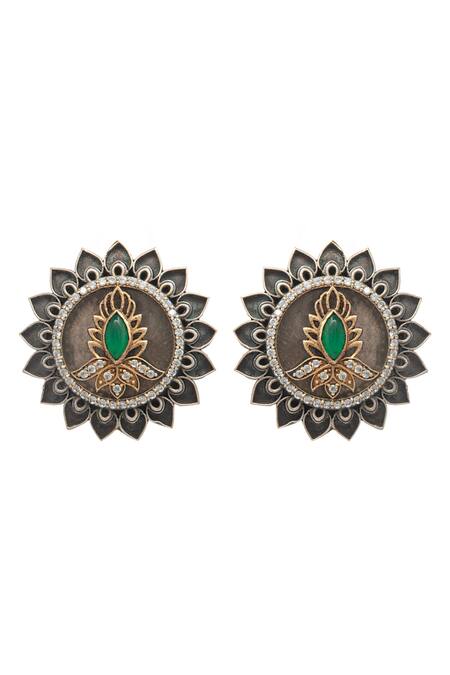 Neeta Boochra_Black Crystals, Stones Viridian Vine Onyx Embellished Studs_Online_at_Aza_Fashions
