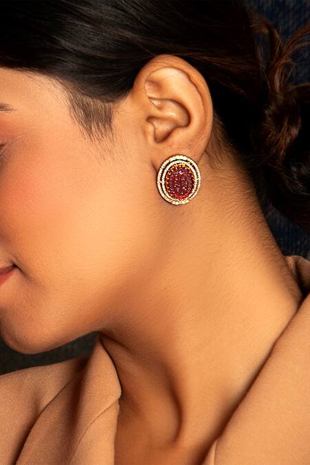 Neeta Boochra_Pink Crystals, Stones Fleur Carved Studs _Online_at_Aza_Fashions
