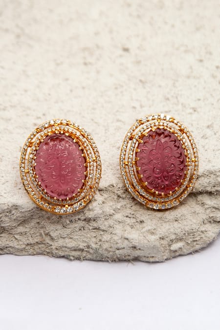 Buy_Neeta Boochra_Pink Crystals, Stones Fleur Carved Studs _Online_at_Aza_Fashions