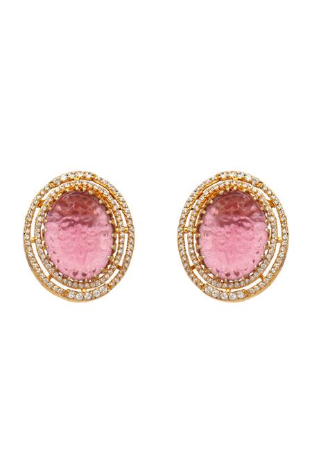 Shop_Neeta Boochra_Pink Crystals, Stones Fleur Carved Studs _Online_at_Aza_Fashions