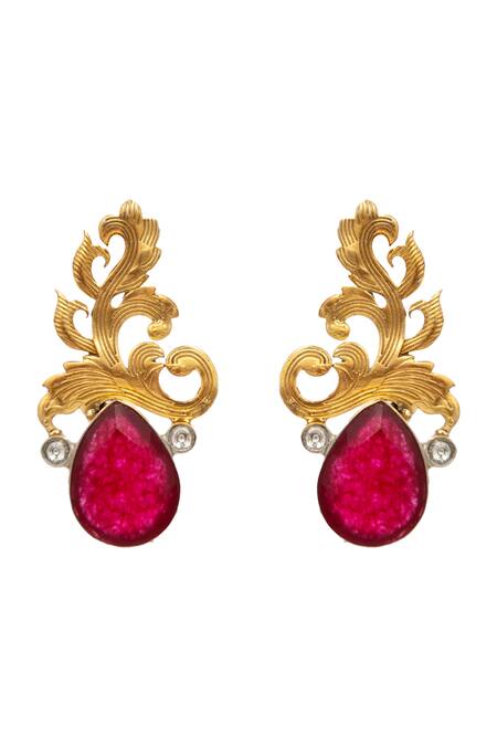Neeta Boochra_Red Rhinestones, Stones Nature Grace Ruby Studded Leaf Earrings_Online_at_Aza_Fashions