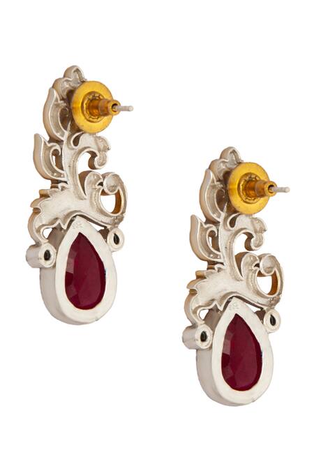 Shop_Neeta Boochra_Red Rhinestones, Stones Nature Grace Ruby Studded Leaf Earrings_Online_at_Aza_Fashions