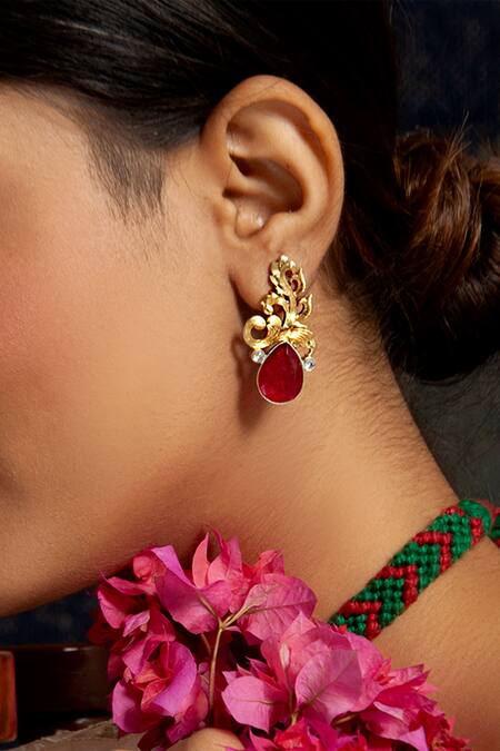Neeta Boochra_Red Rhinestones, Stones Nature Grace Ruby Studded Leaf Earrings_at_Aza_Fashions