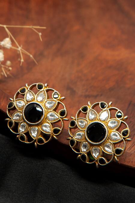 Shop_Neeta Boochra_Black Gota Patti, Stones Mystic Noir Blossom Onyx Studs_at_Aza_Fashions