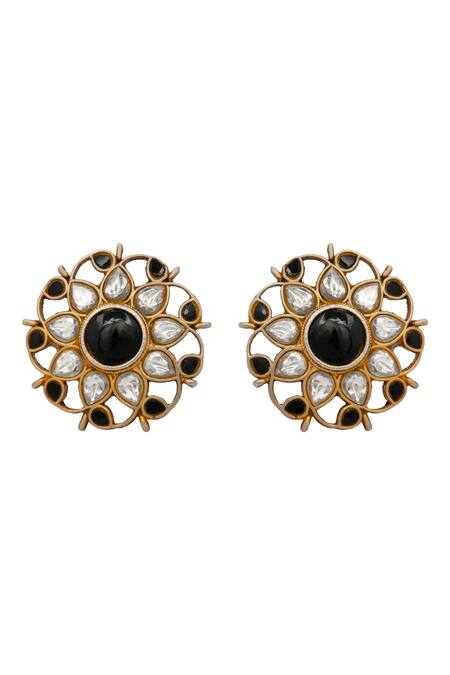 Neeta Boochra_Black Gota Patti, Stones Mystic Noir Blossom Onyx Studs_Online_at_Aza_Fashions