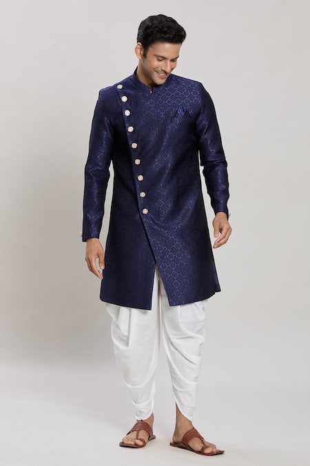 Shop_Arihant Rai Sinha_Blue Jacquard, Silk Floral Woven Kurta Set _Online_at_Aza_Fashions