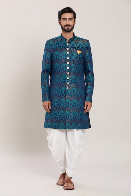 Arihant Rai Sinha_Blue Jacquard, Silk Scallop Woven Kurta Set_Online_at_Aza_Fashions