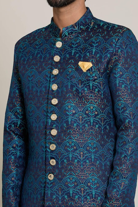 Shop_Arihant Rai Sinha_Blue Jacquard, Silk Scallop Woven Kurta Set_Online_at_Aza_Fashions