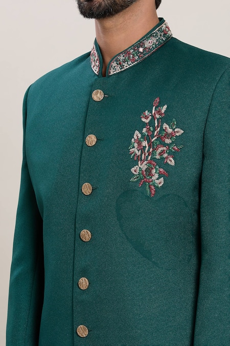 Shop_Arihant Rai Sinha_Green Terrycloth, Silk Zari, Sequins Floral Placement Embroidered Kurta Set _Online_at_Aza_Fashions