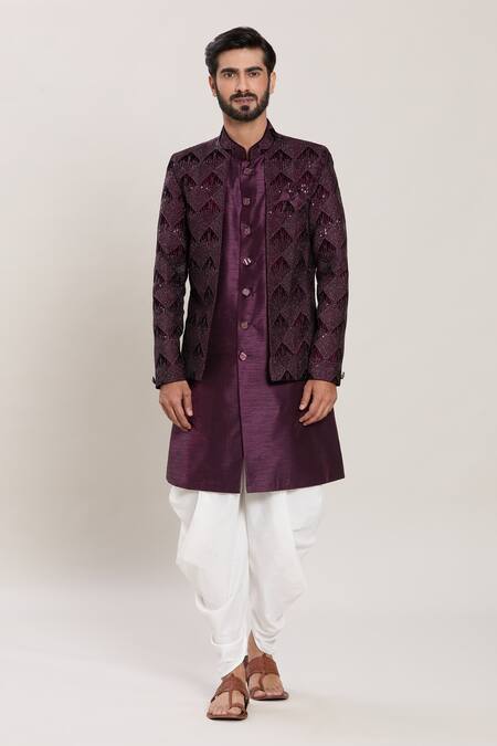 Arihant Rai Sinha Wine Silk, Velvet Embroidery, Sequins Kurta Set Online at Aza Fashions Arihant Rai Sinha_Wine Silk, Velvet Embroidery, Sequins Kurta Set _Online_at_Aza_Fashions