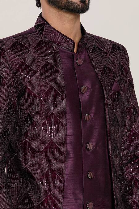Shop Arihant Rai Sinha Wine Silk, Velvet Embroidery, Sequins Kurta Set Online at Aza Fashions Shop_Arihant Rai Sinha_Wine Silk, Velvet Embroidery, Sequins Kurta Set _Online_at_Aza_Fashions