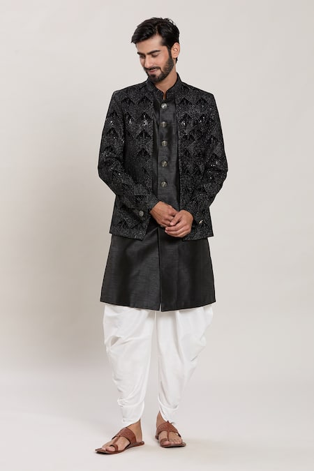 Arihant Rai Sinha_Black Silk, Velvet Zari, Sequins Embroidered Kurta Set _Online_at_Aza_Fashions