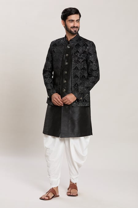 Buy_Arihant Rai Sinha_Black Silk, Velvet Zari, Sequins Embroidered Kurta Set _Online_at_Aza_Fashions