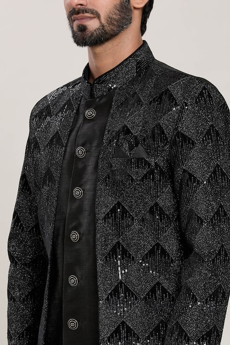 Shop_Arihant Rai Sinha_Black Silk, Velvet Zari, Sequins Embroidered Kurta Set _Online_at_Aza_Fashions