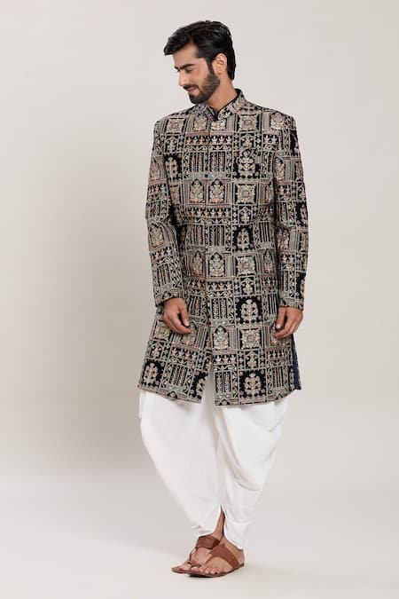 Buy_Arihant Rai Sinha_Blue Velvet, Silk Zari, Sequins Work Kurta Set _Online_at_Aza_Fashions