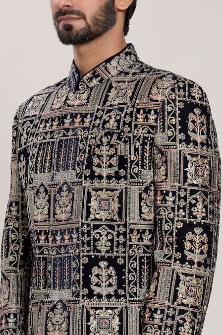 Shop_Arihant Rai Sinha_Blue Velvet, Silk Zari, Sequins Work Kurta Set _Online_at_Aza_Fashions