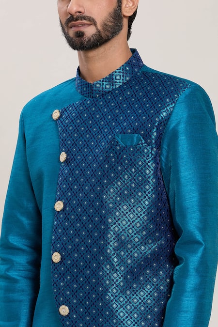 Shop Arihant Rai Sinha Blue Silk, Jacquard Embroidery Diamond Woven Kurta Set Online at Aza Fashions Shop_Arihant Rai Sinha_Blue Silk, Jacquard Embroidery Diamond Woven Kurta Set_Online_at_Aza_Fashions