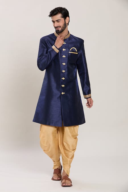 Arihant Rai Sinha_Blue Silk, Acrylic Lace Embellished Band Collar Kurta Set _Online_at_Aza_Fashions