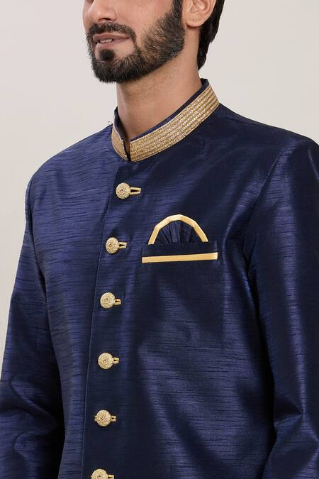 Shop_Arihant Rai Sinha_Blue Silk, Acrylic Lace Embellished Band Collar Kurta Set _Online_at_Aza_Fashions