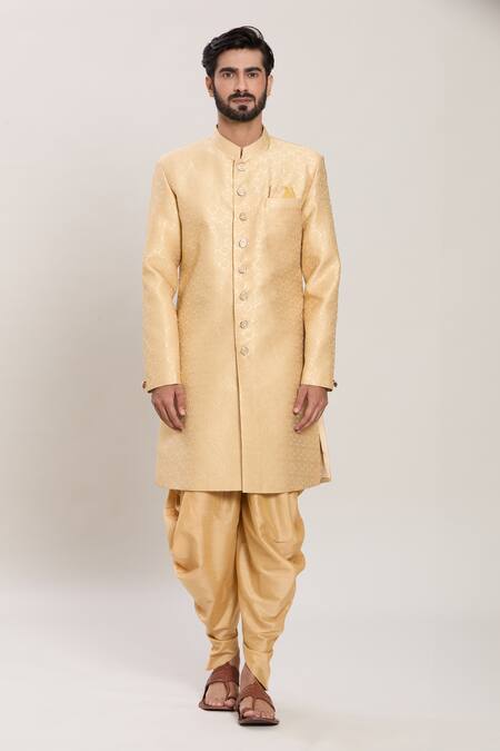 Arihant Rai Sinha_Gold Jacquard, Silk Bloom Woven Kurta With Peshawari Pant_Online_at_Aza_Fashions