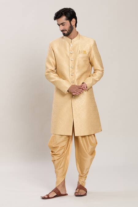 Buy_Arihant Rai Sinha_Gold Jacquard, Silk Bloom Woven Kurta With Peshawari Pant_Online_at_Aza_Fashions