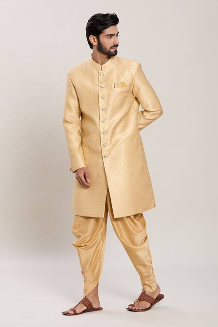 Shop_Arihant Rai Sinha_Gold Jacquard, Silk Bloom Woven Kurta With Peshawari Pant_Online_at_Aza_Fashions