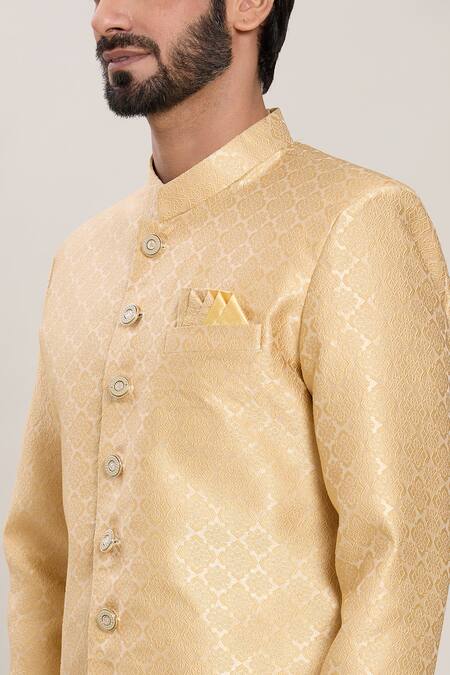 Arihant Rai Sinha_Gold Jacquard, Silk Bloom Woven Kurta With Peshawari Pant_at_Aza_Fashions