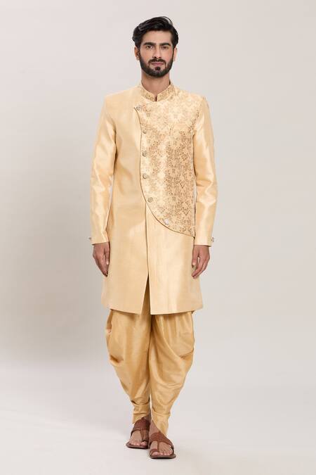 Arihant Rai Sinha_Gold Silk, Jacquard Embroidery Fleur Panel Kurta With Peshawari Pant _Online_at_Aza_Fashions