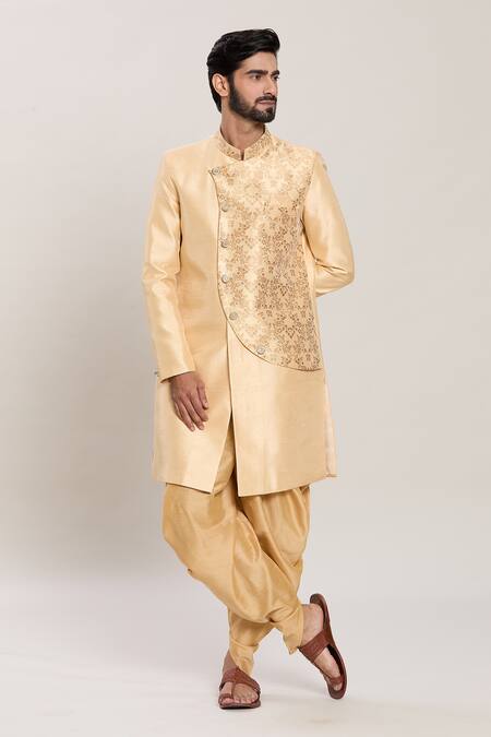 Buy_Arihant Rai Sinha_Gold Silk, Jacquard Embroidery Fleur Panel Kurta With Peshawari Pant _Online_at_Aza_Fashions