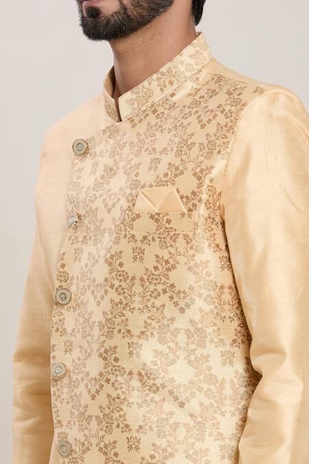 Shop_Arihant Rai Sinha_Gold Silk, Jacquard Embroidery Fleur Panel Kurta With Peshawari Pant _Online_at_Aza_Fashions