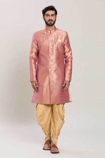 Arihant Rai Sinha Pink Jacquard, Silk Embroidery Bloom Jaal Woven Kurta With Peshawari Pant Online at Aza Fashions Arihant Rai Sinha_Pink Jacquard, Silk Embroidery Bloom Jaal Woven Kurta With Peshawari Pant _Online_at_Aza_Fashions