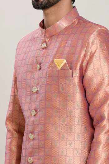 Shop Arihant Rai Sinha Pink Jacquard, Silk Embroidery Bloom Jaal Woven Kurta With Peshawari Pant Online at Aza Fashions Shop_Arihant Rai Sinha_Pink Jacquard, Silk Embroidery Bloom Jaal Woven Kurta With Peshawari Pant _Online_at_Aza_Fashions