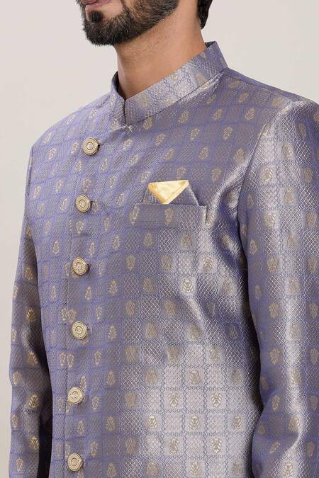 Shop Arihant Rai Sinha Grey Jacquard, Silk Embroidery Blossom Jaal Woven Kurta With Peshawari Pant Online at Aza Fashions Shop_Arihant Rai Sinha_Grey Jacquard, Silk Embroidery Blossom Jaal Woven Kurta With Peshawari Pant _Online_at_Aza_Fashions