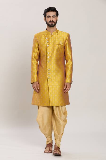 Arihant Rai Sinha_Yellow Jacquard, Silk Embroidery Floral Jaal Woven Kurta With Peshawari Pant _Online_at_Aza_Fashions