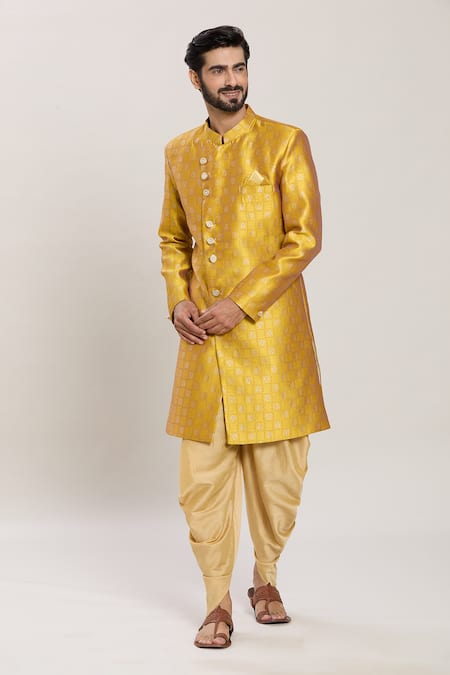 Buy_Arihant Rai Sinha_Yellow Jacquard, Silk Embroidery Floral Jaal Woven Kurta With Peshawari Pant _Online_at_Aza_Fashions