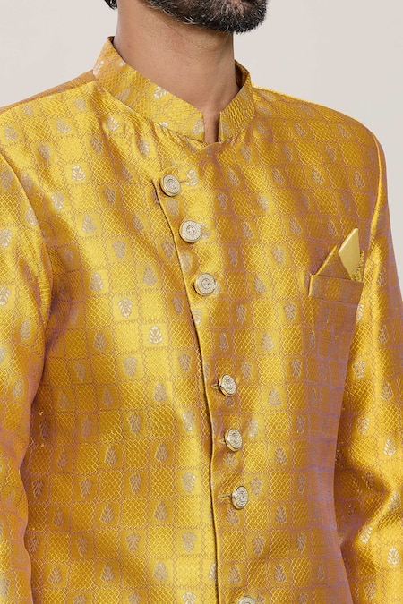 Shop_Arihant Rai Sinha_Yellow Jacquard, Silk Embroidery Floral Jaal Woven Kurta With Peshawari Pant _Online_at_Aza_Fashions