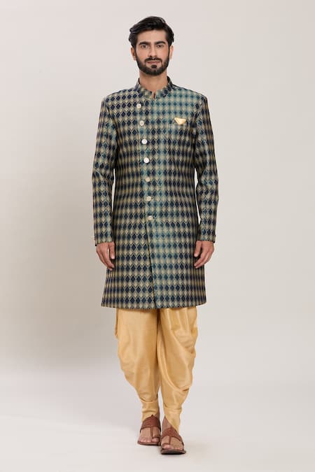 Arihant Rai Sinha_Blue Wool, Silk Foliage Jaal Woven Jacquard Kurta With Peshawari Pant _Online_at_Aza_Fashions