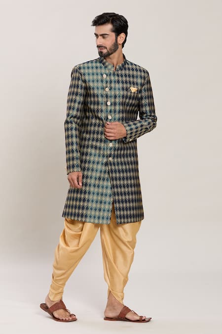 Buy_Arihant Rai Sinha_Blue Wool, Silk Foliage Jaal Woven Jacquard Kurta With Peshawari Pant _Online_at_Aza_Fashions