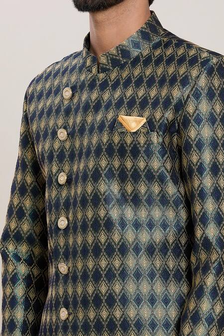 Shop_Arihant Rai Sinha_Blue Wool, Silk Foliage Jaal Woven Jacquard Kurta With Peshawari Pant _Online_at_Aza_Fashions