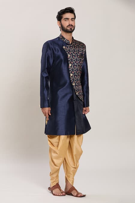 Buy_Arihant Rai Sinha_Blue Silk, Jacquard Embroidery Gardenia Panel Kurta With Peshawari Pant_Online_at_Aza_Fashions