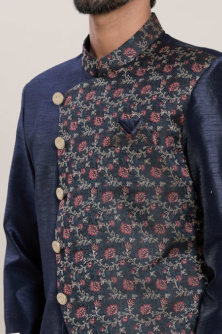 Shop_Arihant Rai Sinha_Blue Silk, Jacquard Embroidery Gardenia Panel Kurta With Peshawari Pant_Online_at_Aza_Fashions