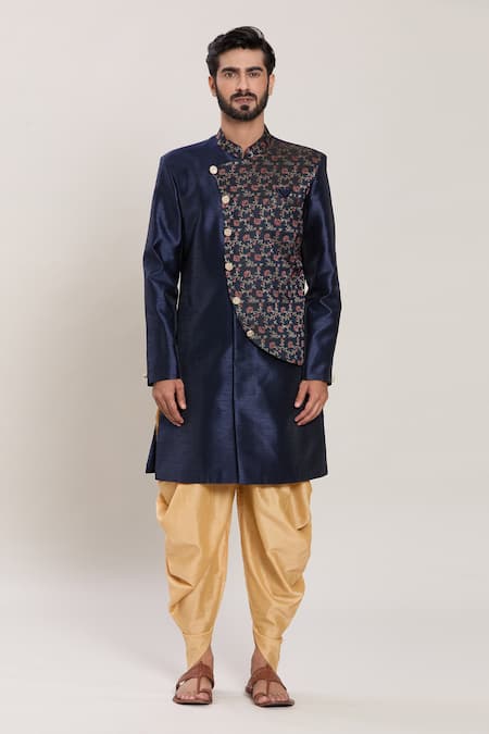 Arihant Rai Sinha_Blue Silk, Jacquard Embroidery Gardenia Panel Kurta With Peshawari Pant_at_Aza_Fashions