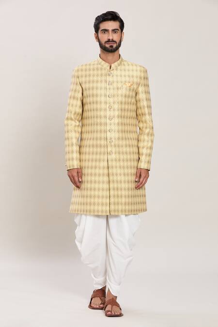 Buy_Arihant Rai Sinha_Yellow Wool, Cotton Vine Jaal Woven Jacquard Kurta With Peshawari Pant _Online_at_Aza_Fashions