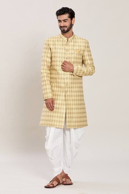 Shop_Arihant Rai Sinha_Yellow Wool, Cotton Vine Jaal Woven Jacquard Kurta With Peshawari Pant _Online_at_Aza_Fashions