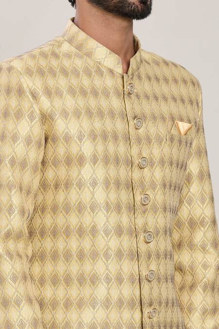 Arihant Rai Sinha_Yellow Wool, Cotton Vine Jaal Woven Jacquard Kurta With Peshawari Pant _at_Aza_Fashions