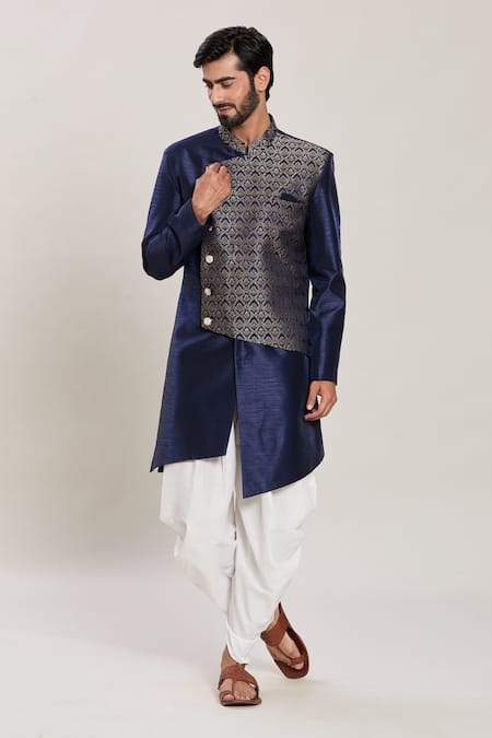 Aryavir Malhotra Damask Jacquard Panel Asymmetric Kurta Set 