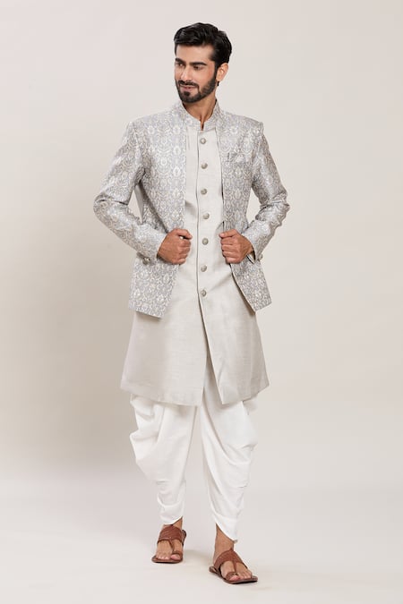 Shop_Arihant Rai Sinha_Grey Silk, Jacquard, Cotton Vintage Bloom Woven Attached Jacket Kurta Set _Online_at_Aza_Fashions